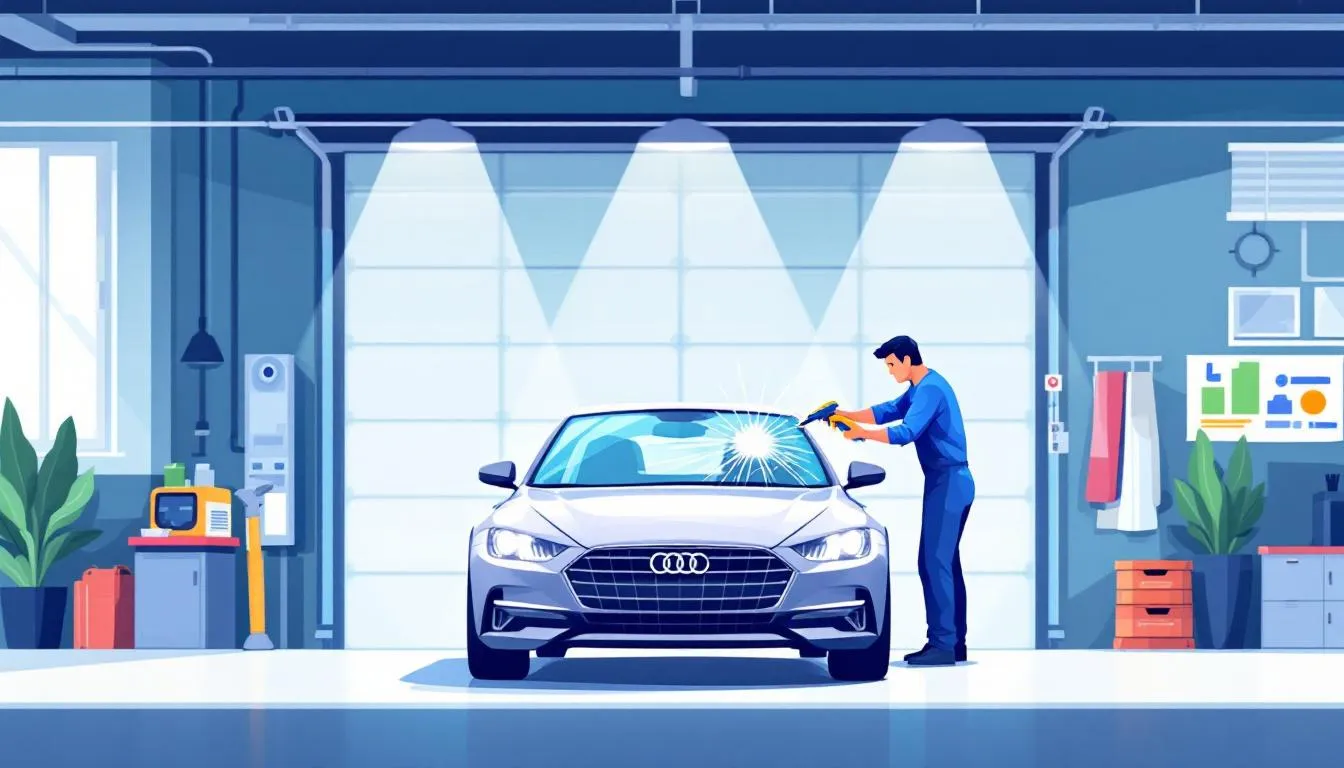 A technician performing auto glass repair services in Dallas.